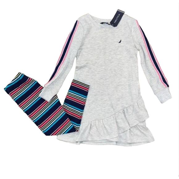 NWT Nautica Girls' Grey Ruffle Logo Dress (SZ 4) & Navy Stripe Leggings (SZ 4T) - Picture 1 of 11